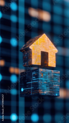 A digital representation of a floating house icon above a block with circuitry, symbolizing innovation in real estate and technology.