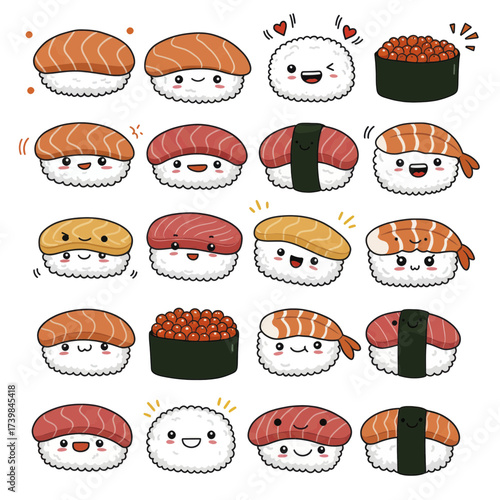 Set of Cute Kawaii Sushi Characters with Happy Faces.