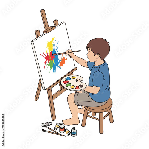 A cheerful young artist immerses himself in a vibrant painting session, splashing an easel canvas with a burst of color, embodying childhood creativity and the joy of artistic expression