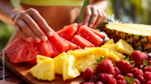 A woman is cutting up watermelon and pineapple on a wooden cutting board. The fruits are arranged in a colorful and inviting manner, making them look fresh and delicious. Concept of healthy eating