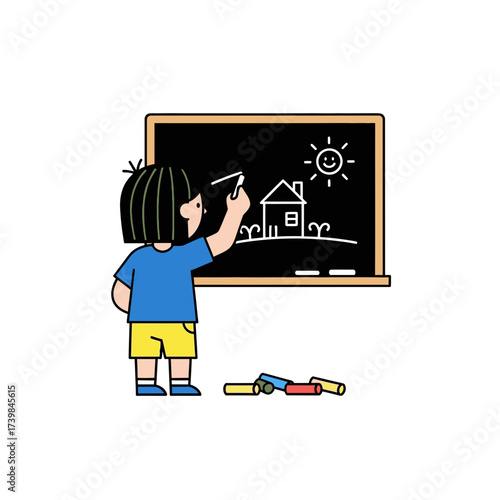 Child drawing a house, sun, and tree on a blackboard with chalk