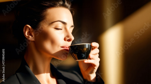 A woman is drinking coffee and looking at the camera. She is wearing a black jacket and has her hair pulled back