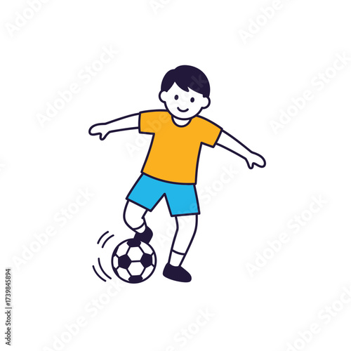 Simple cartoon illustration of a young boy playing soccer. The happy child is kicking and dribbling the football in a dynamic pose, representing active childhood and sports