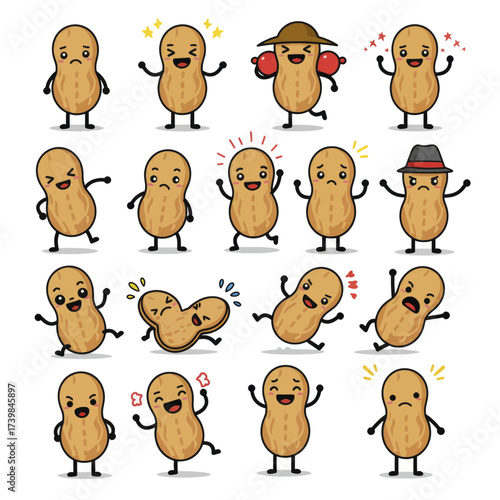 Cute peanut character mascot set with various expressions and poses.