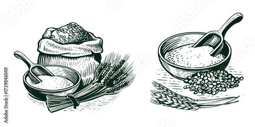Sketch wheat set isolated on white background