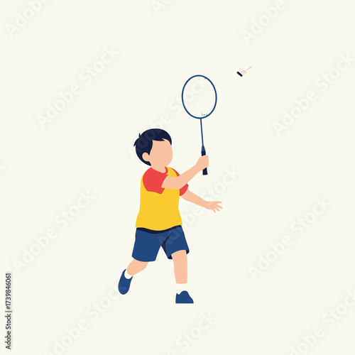 A dynamic flat vector illustration of a young boy enjoying a game of badminton, showcasing a healthy and active childhood lifestyle through sports