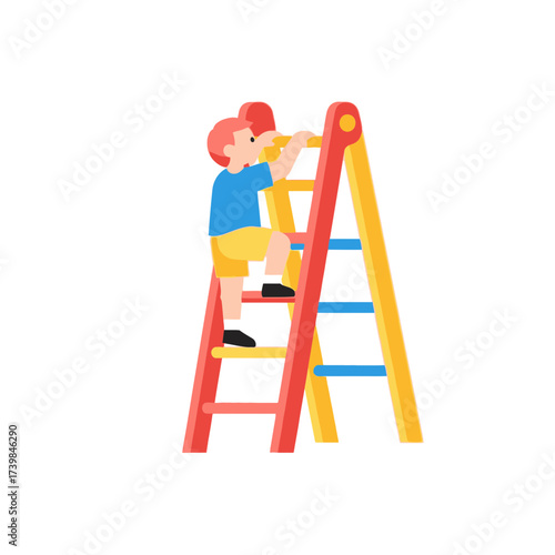 Young boy diligently climbing a vibrant red and yellow ladder, symbolizing childhood growth, aspiration, and the journey of overcoming challenges and achieving personal development