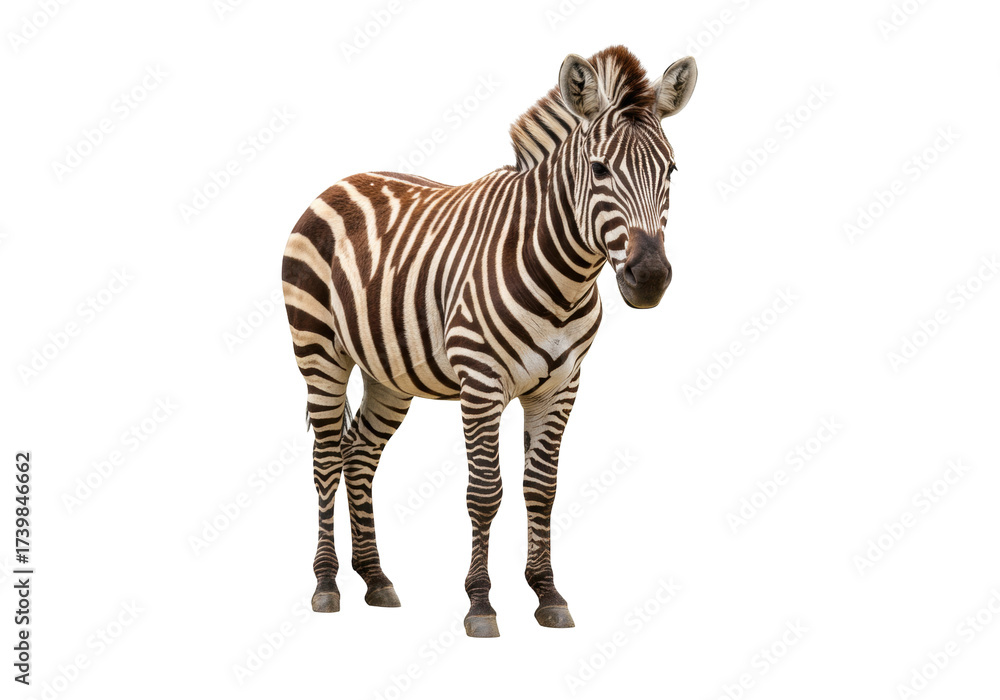 Fototapeta premium Isolated Zebra standing with striped pattern, standing on its legs, front view, animal