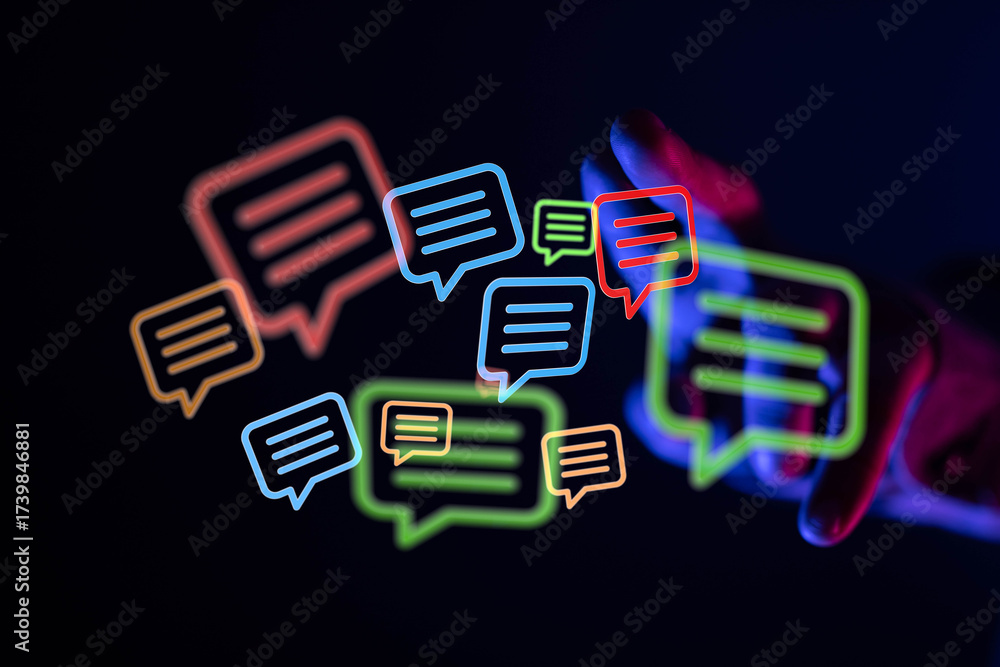 Fototapeta premium Digital communication with vibrant chat bubbles. Perfect for illustrating connection, feedback, and technology.
