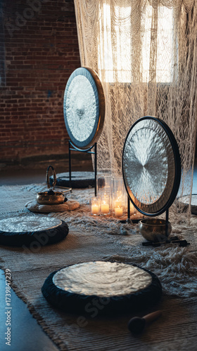 Soft lighting enhances the ambiance of a sound therapy session featuring gongs, cushions, and candles arranged for a calming experience