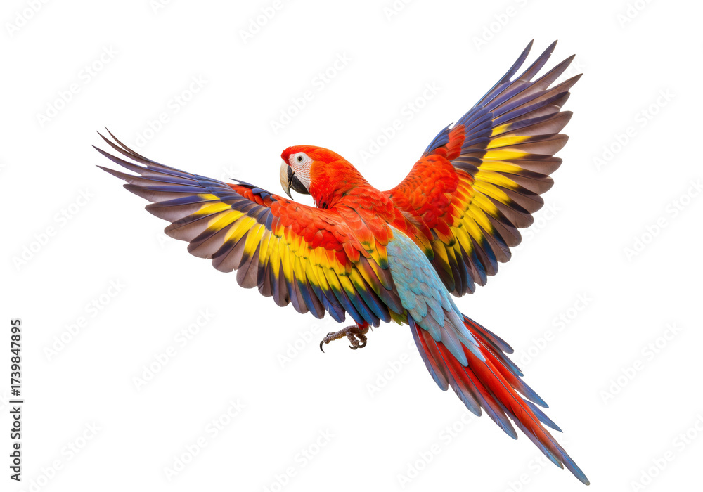 Fototapeta premium Isolated scarlet macaw, a vibrant and colorful South American parrot in flight, plumage details