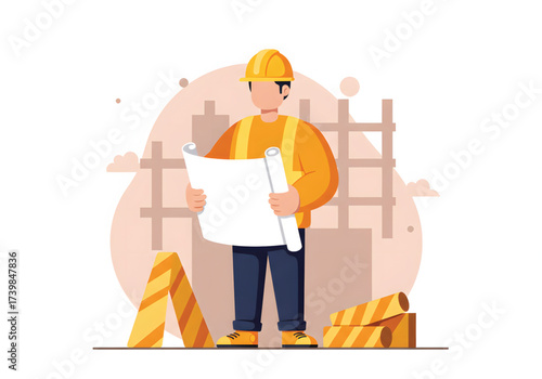 A male construction worker wearing a hard hat and safety vest examines a blueprint at a building site with scaffolding.