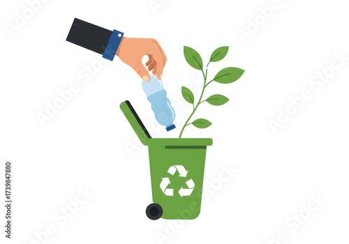 A hand in a suit sleeve disposes of a plastic bottle in a green recycling bin, from which a green plant sprouts.