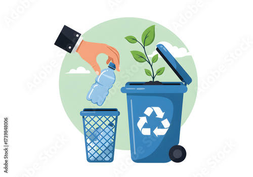 A hand in a suit places a plastic bottle into a recycling bin, where a plant grows, symbolizing environmental responsibility and waste management.