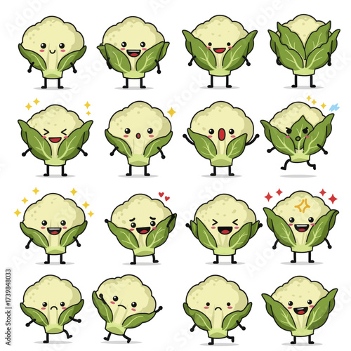 Vector illustration set of cute cauliflower mascot characters with various expressions.
