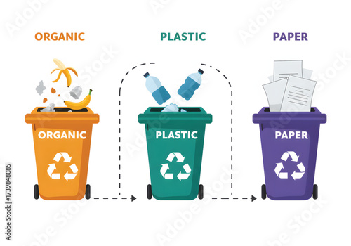 Three distinct recycling bins labeled "Organic," "Plastic," and "Paper," with examples of waste being deposited into each, illustrating proper waste separati...