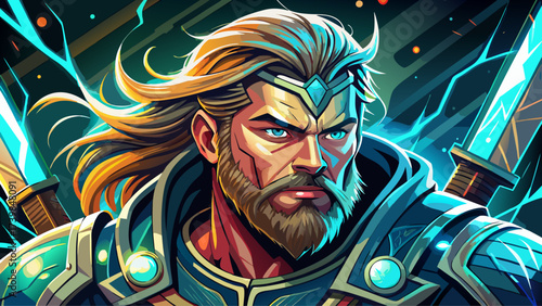 Close-up portrait of Thor, glowing hammer reflection, surreal heroic face, fantasy aura, dreamlike god of thunder, mythical power, imaginative artwork, epic close-up design, legendary Norse warrior.