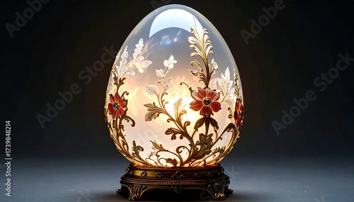 Ornate, glowing egg-shaped object with floral details, lit from within, resting on a dark decorative base
