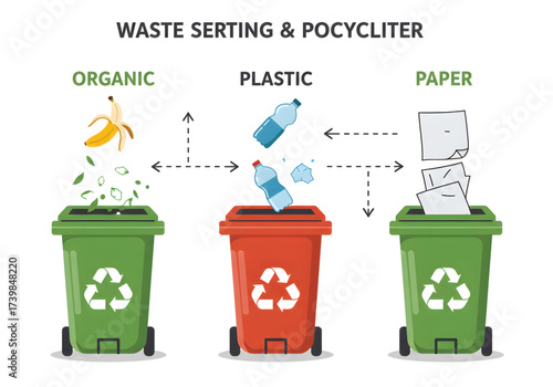 An illustration of waste sorting with separate colored bins for organic, plastic, and paper recycling.
