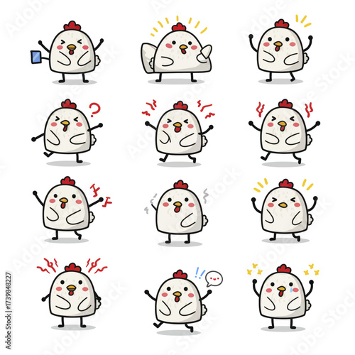 Cute cartoon chicken character set with various emotions.