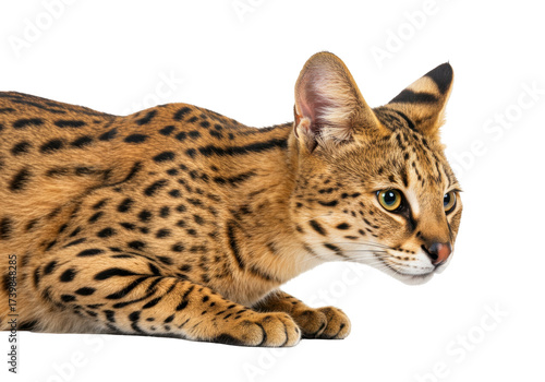 Obraz na płótnie Isolated serval cat crouching, looking forward, animal with spots, tan color, la