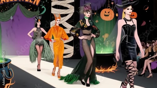 Glamorous Halloween fashion show with spooky model on catwalk. festive holiday event with stylish costume illustration