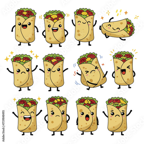 Collection of cute cartoon burrito characters with various emotions.