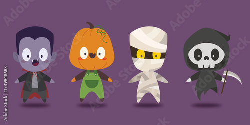 Scary Halloween Characters Vector Set with Vampire, Pumpkin Head, Mummy and Reaper