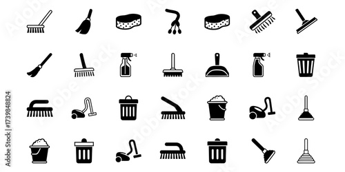 Collection of monochrome cleaning service and housekeeping tool glyph icons on a white background