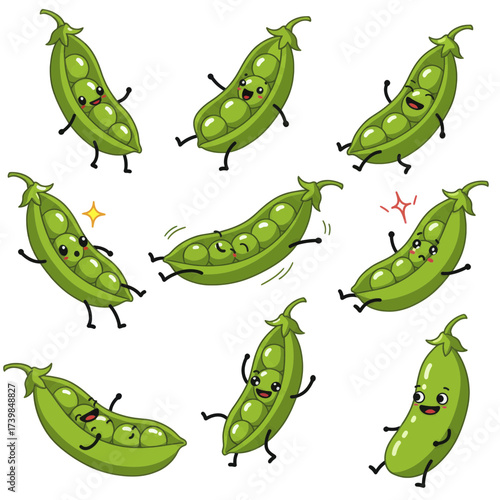 Set of cute cartoon green pea pod characters.