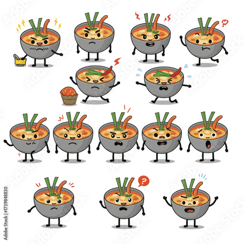 Set of Cute Tom Yum Soup Bowl Cartoon Mascot Characters.