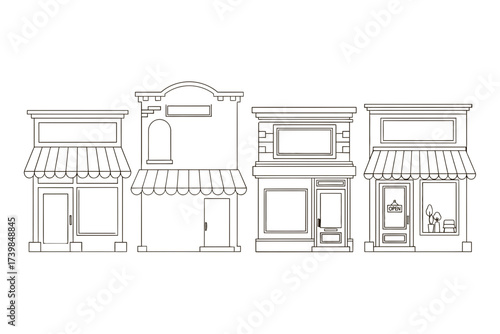 Vector line art collection of classic small town business storefronts