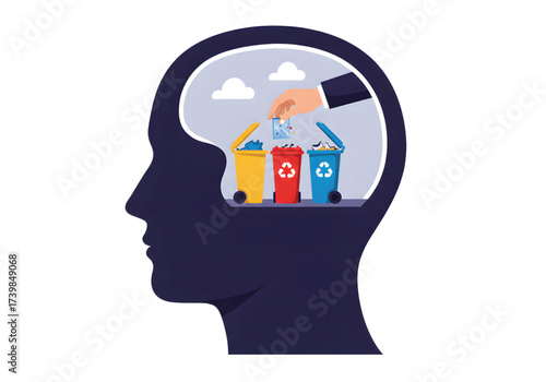 A hand clears the mind by sorting and recycling unwanted thoughts into colorful bins inside a human head.