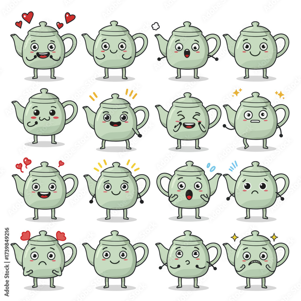 Fototapeta premium Set of cute cartoon teapot characters with various emotions.