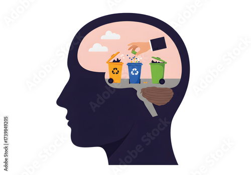 A human head silhouette containing a scene of a hand sorting waste into three recycling bins, symbolizing environmental consciousness and organized thinking.