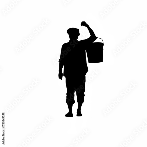 Silhouette of a man carrying a bucket of water isolated on white background