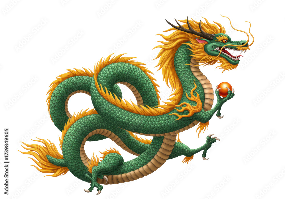 Fototapeta premium Isolated Eastern dragon guarding orange pearl ball, serpentine scales, green and gold colors