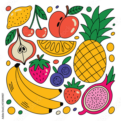 Isolated on white background, a colorful assortment of fruits, including bananas, pineapple, strawberries, and more, creating a vibrant and playful composition