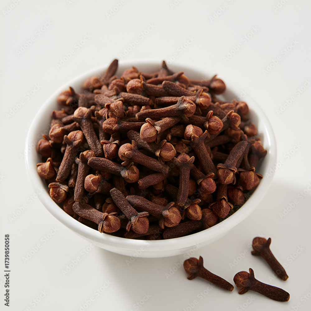 Obraz premium A white bowl of whole dried cloves, with some scattered, isolated on a white background.