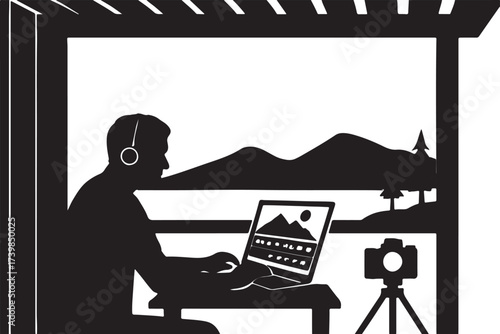 Silhouette of a person wearing headphones working on a laptop with a camera on a tripod in a scenic outdoor setting