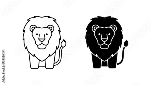Stylized Lion Icon Set with Outline and Solid Black Versions