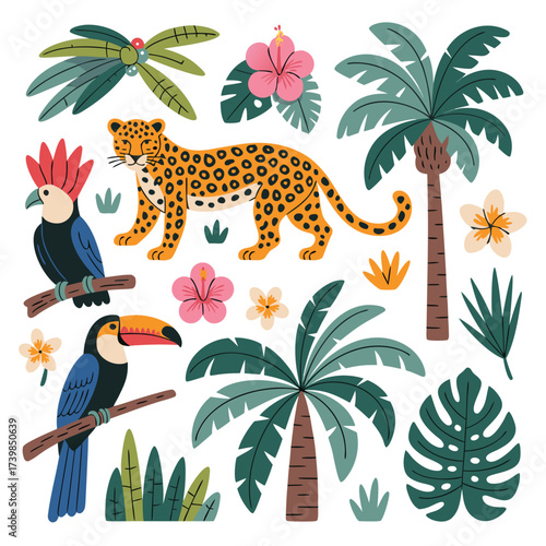 A vibrant jungle scene featuring a leopard, toucan, parrot, palm trees, and tropical flowers, creating a lush and exotic illustration