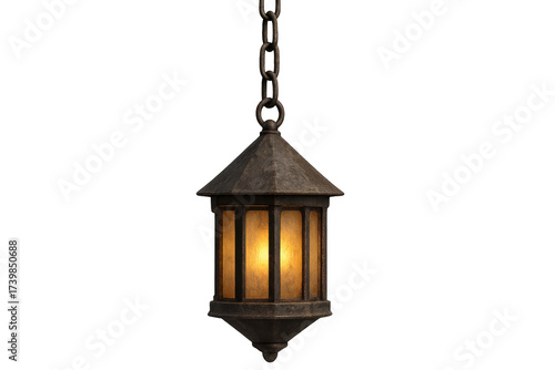Vintage metal hanging lantern illuminating with warm light on transparent background