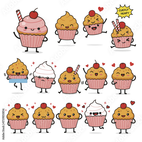 Collection of Cute Cupcake Characters with Different Emotions.
