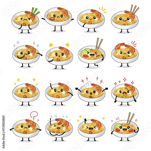 Set of cute Pad Thai noodle cartoon mascot characters showing various emotions and poses.