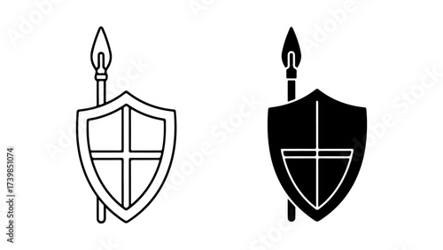 Black and White Stylized Shield Spear Outline Silhouette Icons