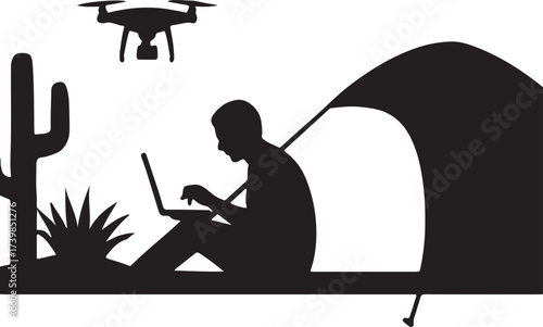 Silhouette of a person working on a laptop inside a tent in the desert with a drone flying overhead and cacti nearby
