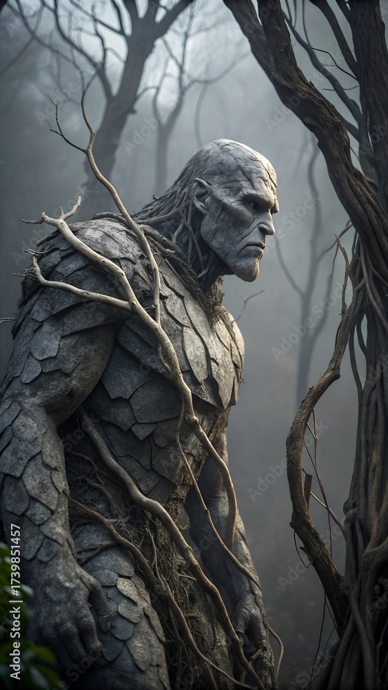 Fototapeta premium Grey Stone Monster with Tree Branches Horror Fantasy