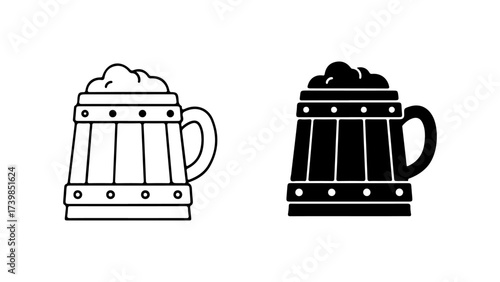Wooden Beer Mug Icons with Foam in Line Art and Solid Styles