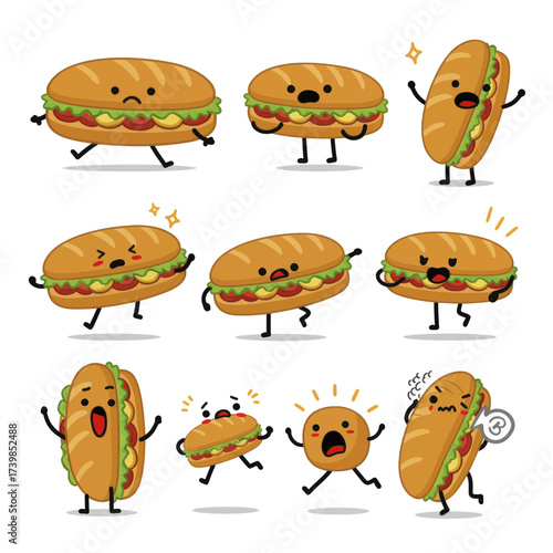 Set of cute sandwich cartoon characters with various emotions and poses Vector illustration of a food mascot collection.
